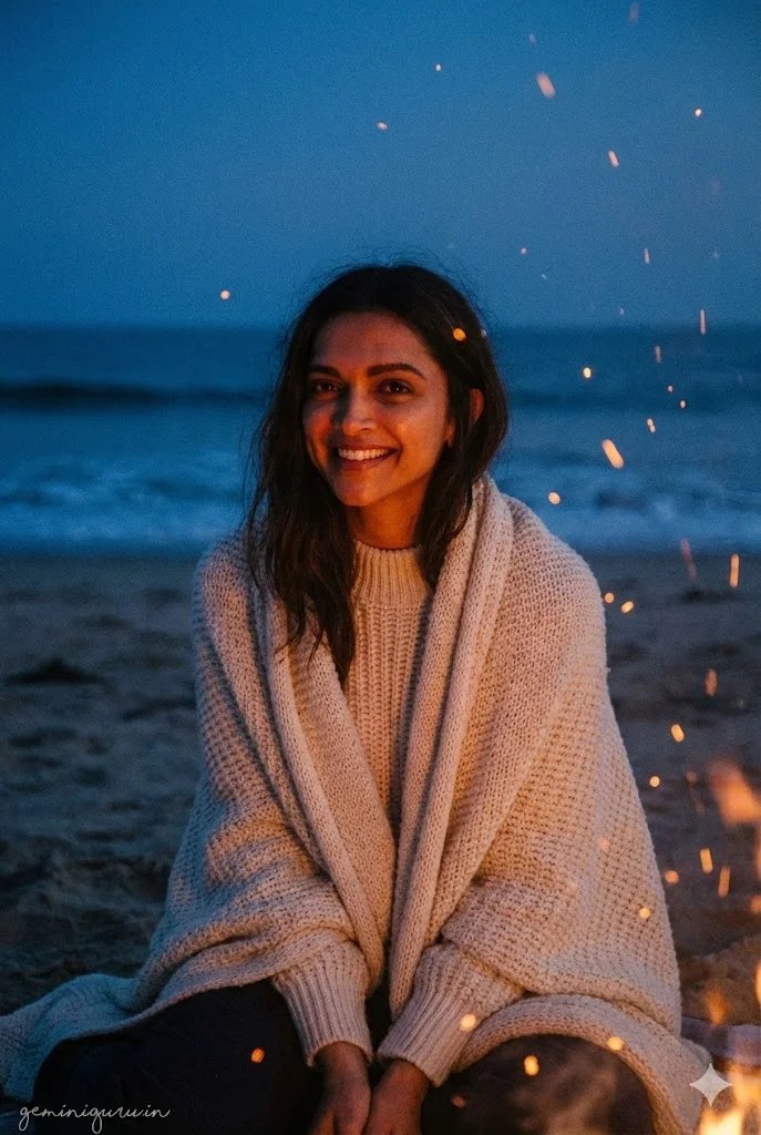 Beach bonfire dusk prompt preview with warm firelight and blue hour ocean background