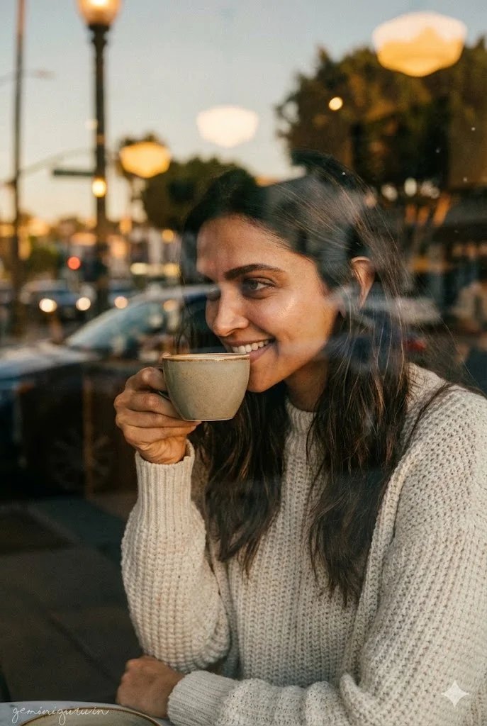 Cafe window golden hour prompt preview with warm cafe light and street reflections