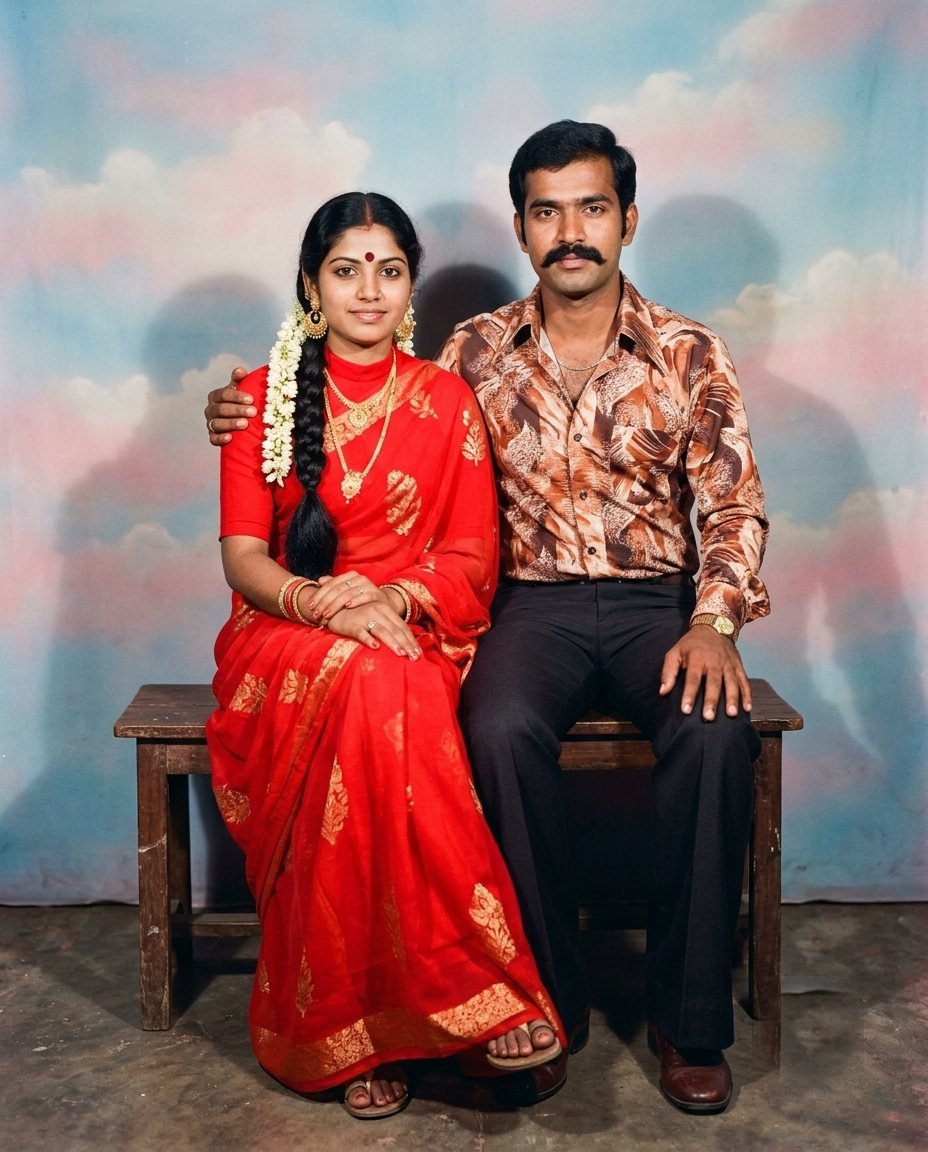 Couple seated on a wooden stool in a 1980s Indian photo studio against a painted pastel sky backdrop