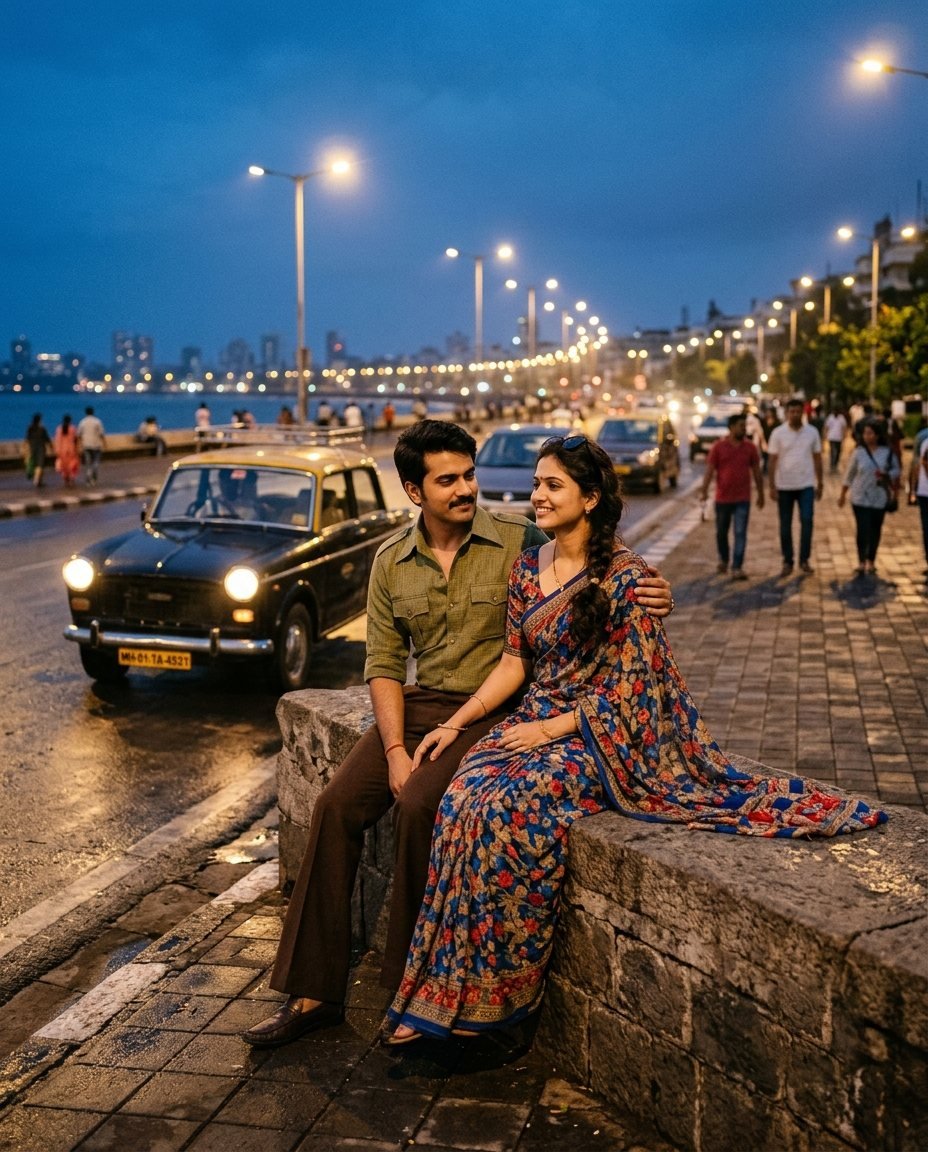 Couple sitting on a seafront wall at dusk in 1980s clothes with a black-and-yellow taxi behind them