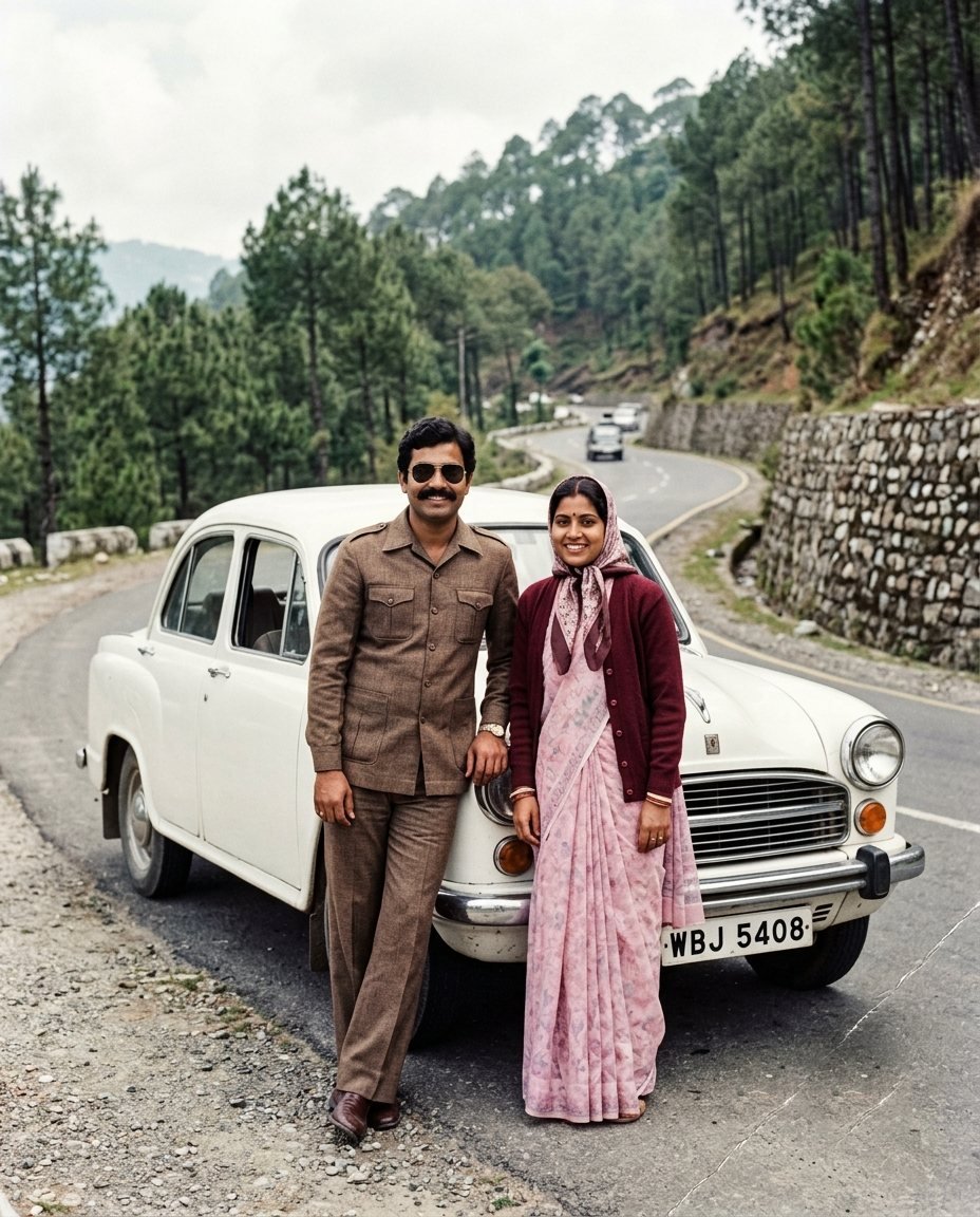 Couple leaning against a white Ambassador car on a hill-station road in 1980s clothes