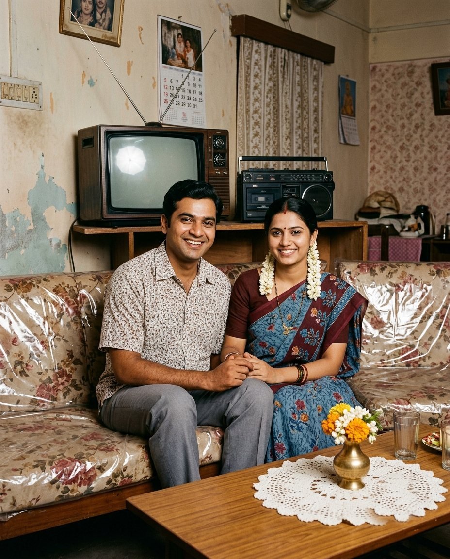 Couple on a floral sofa in a 1980s living room with a wood-panel television and tape recorder