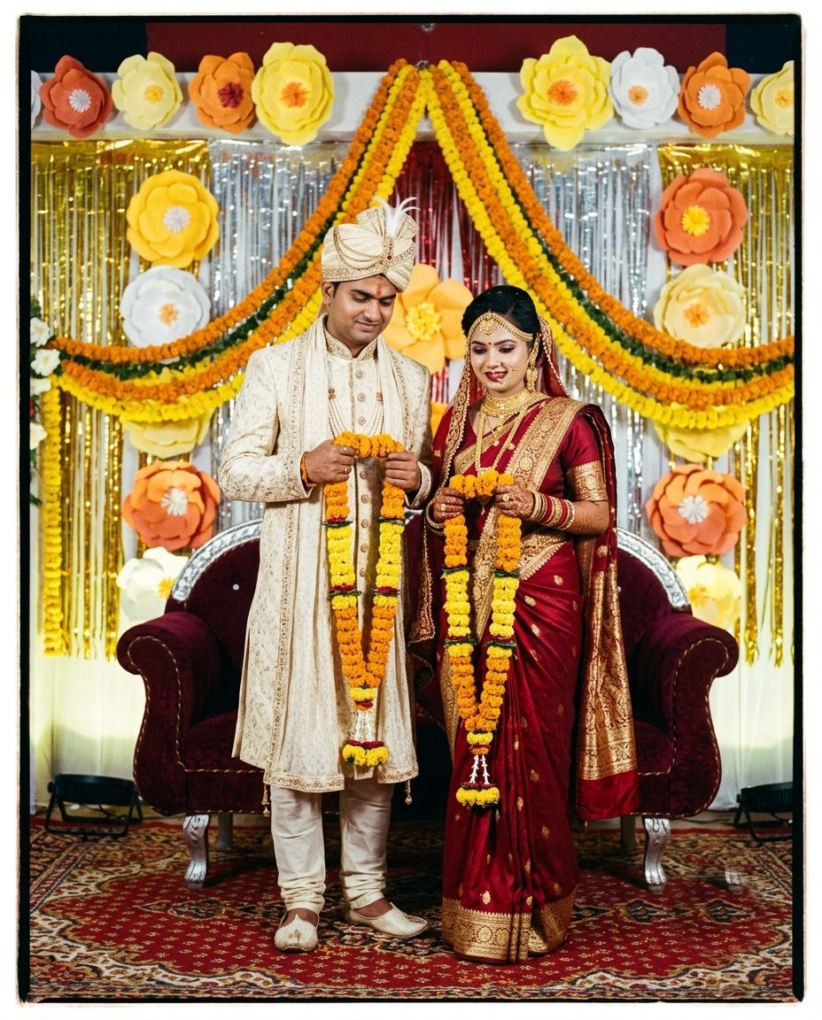 Couple in a cream sherwani and red silk saree on a 1980s wedding stage with tinsel and marigold garlands