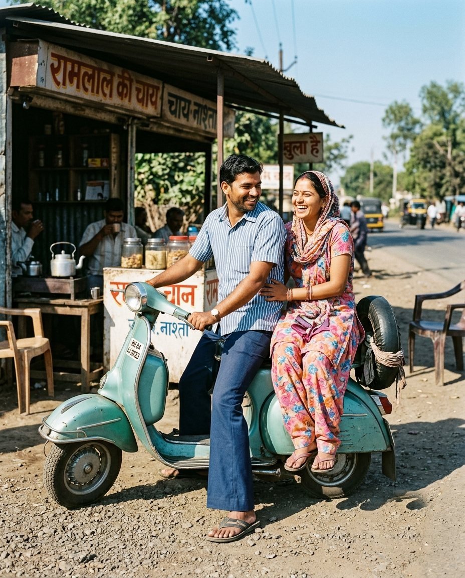 Couple on a pastel scooter outside a roadside tea stall in 1980s clothes, laughing in bright afternoon sun