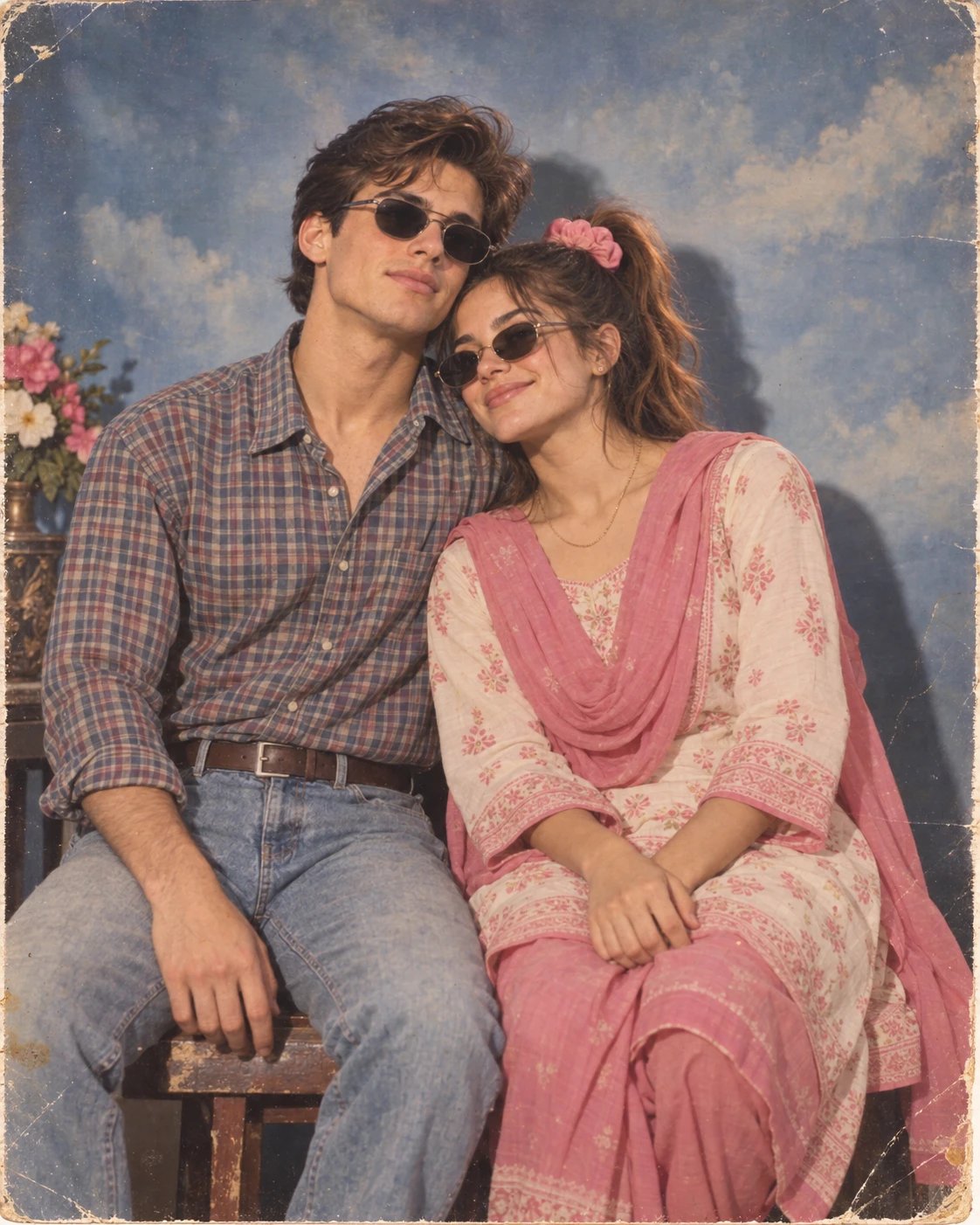 Couple posed formally in a 1990s Indian photo studio against a painted blue backdrop