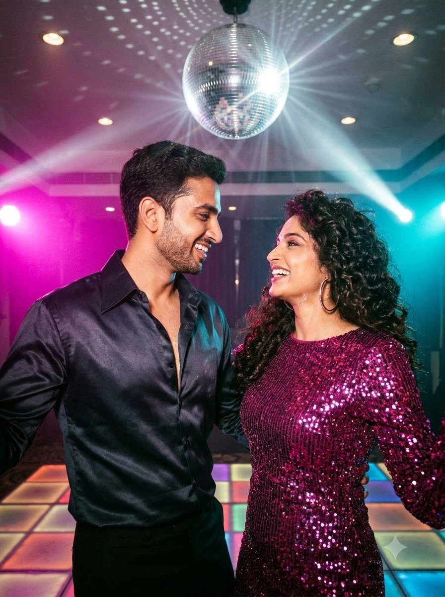Couple dancing under coloured disco lights in 1980s clothing