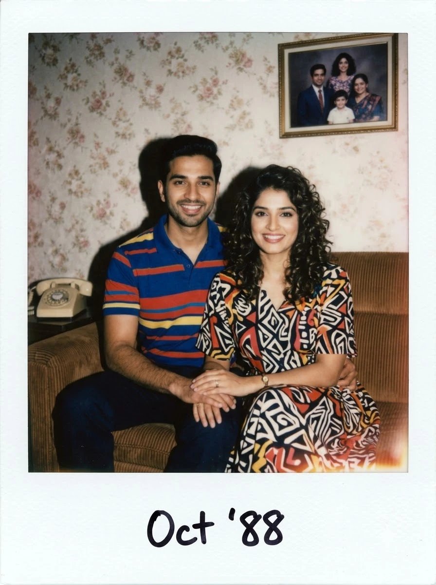 Polaroid style couple photo in an 1980s living room with patterned wallpaper