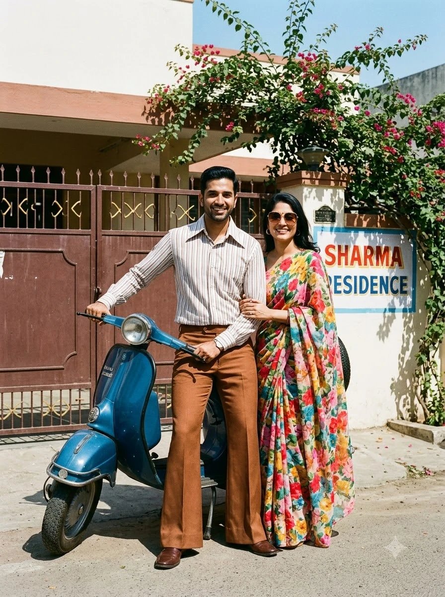 Couple posing beside a Bajaj scooter in bold 1980s clothing