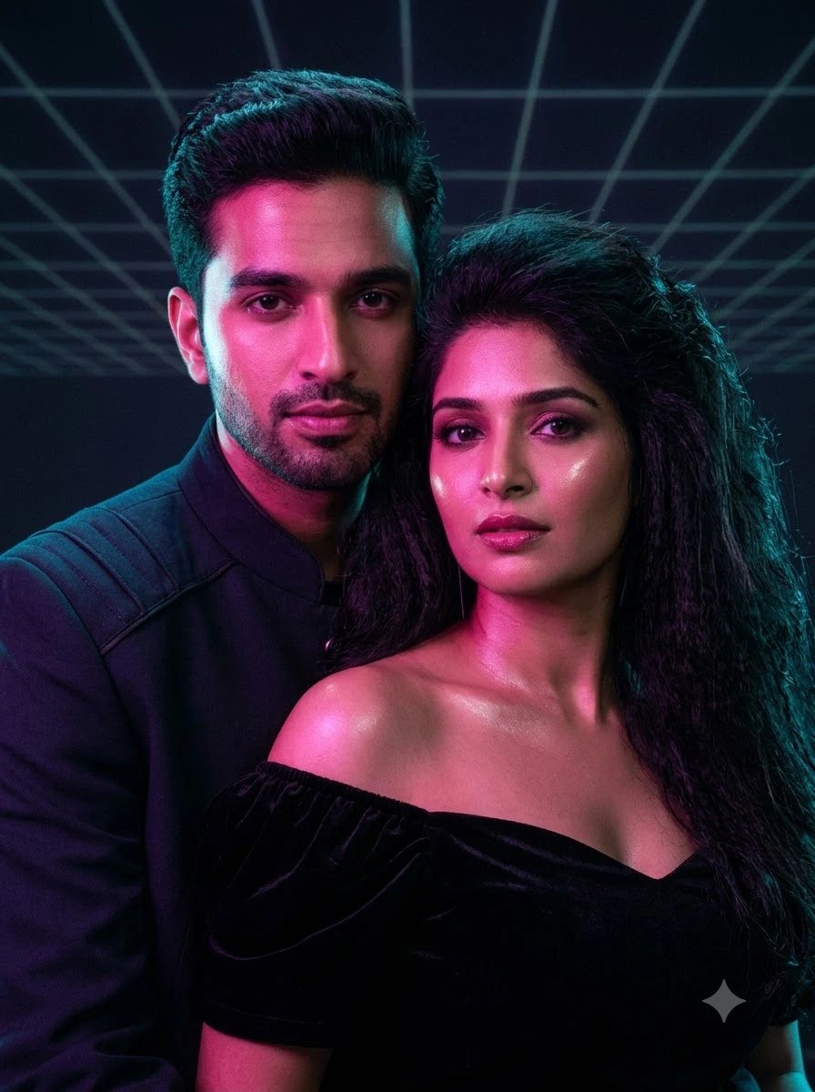 Couple in a studio portrait lit with bold 1980s neon gel lighting