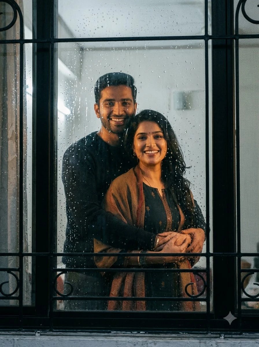 Couple behind a rain streaked window in soft 1990s light