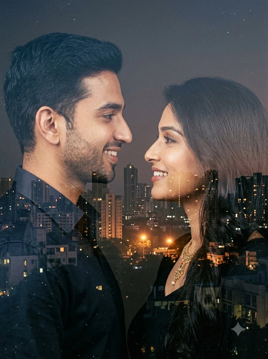 Double exposure of a couple overlaid with a city skyline on 1990s film