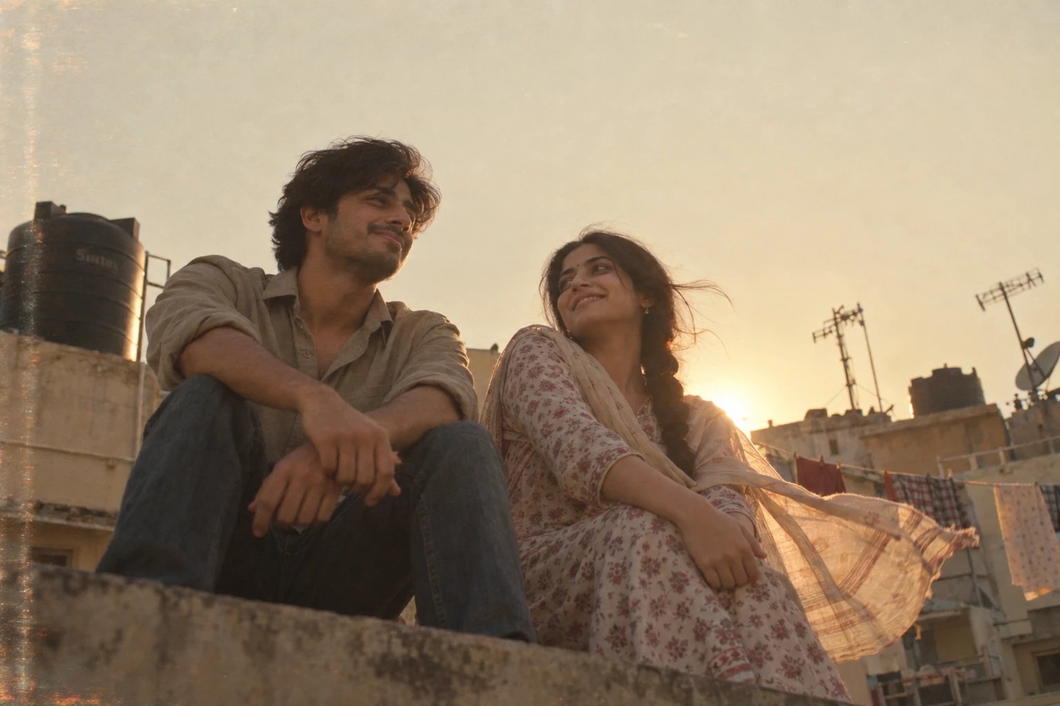 Couple sitting on a terrace parapet at golden hour in 1990s India