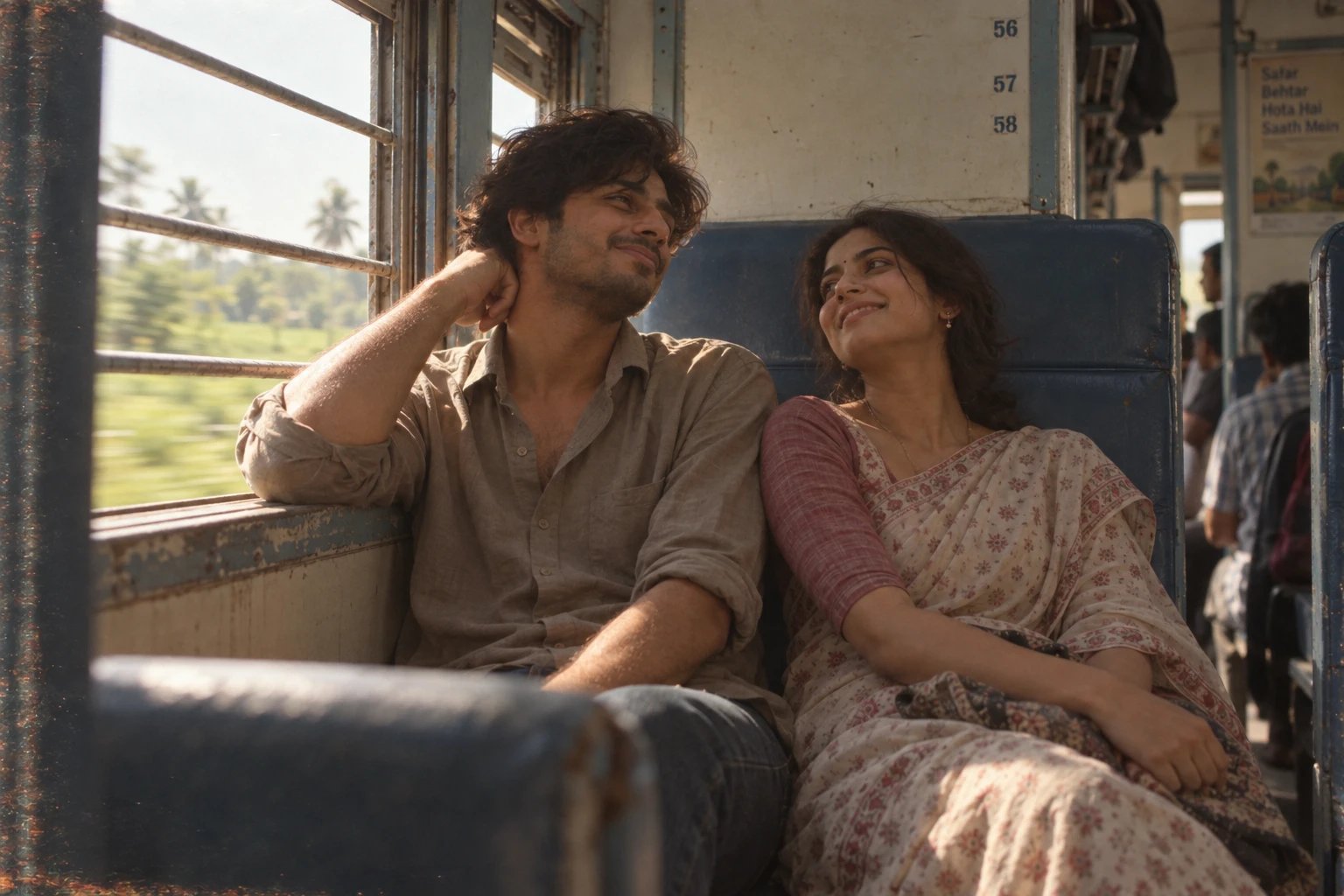 Couple at a train window seat with green fields passing outside