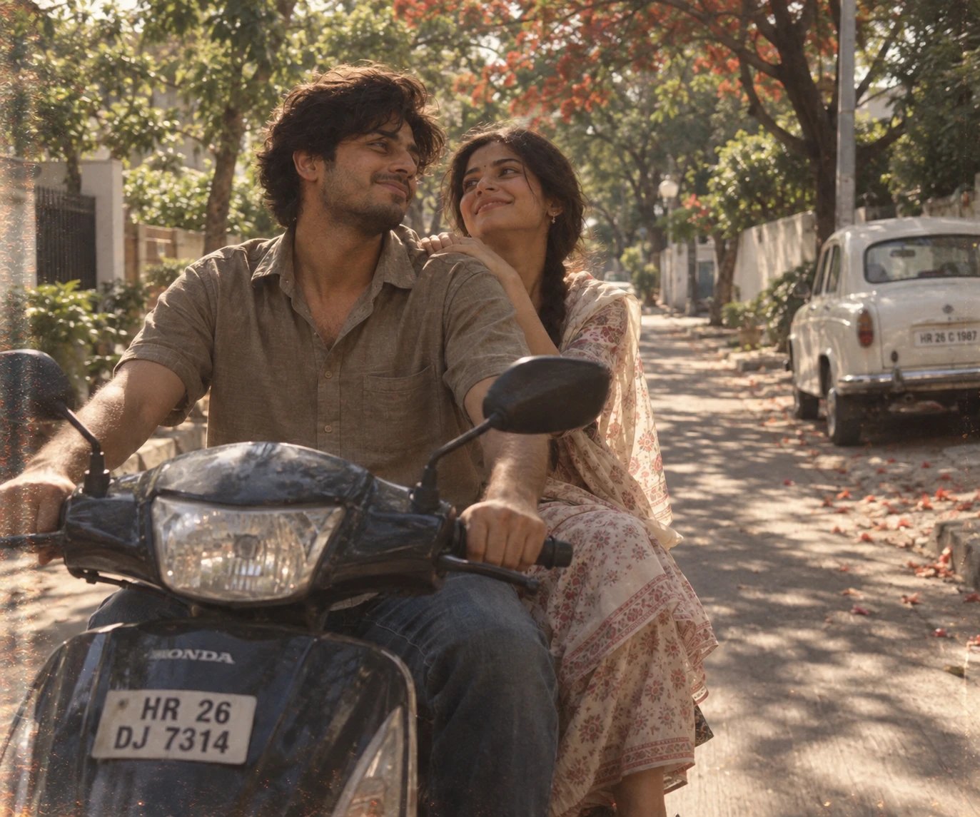 Couple riding a scooter through a quiet residential colony in the 1990s