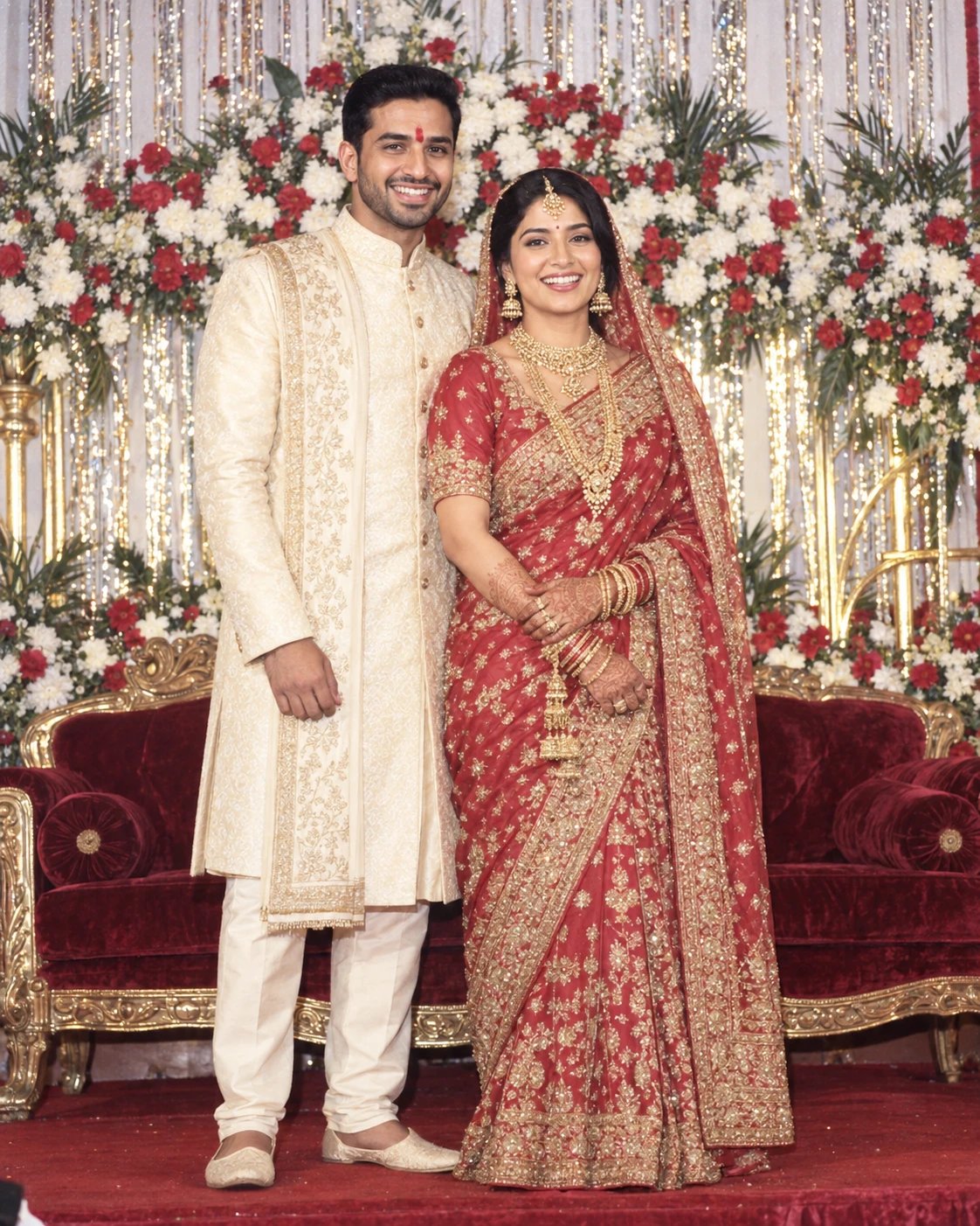 Couple on a 1990s Indian wedding reception stage under harsh video light