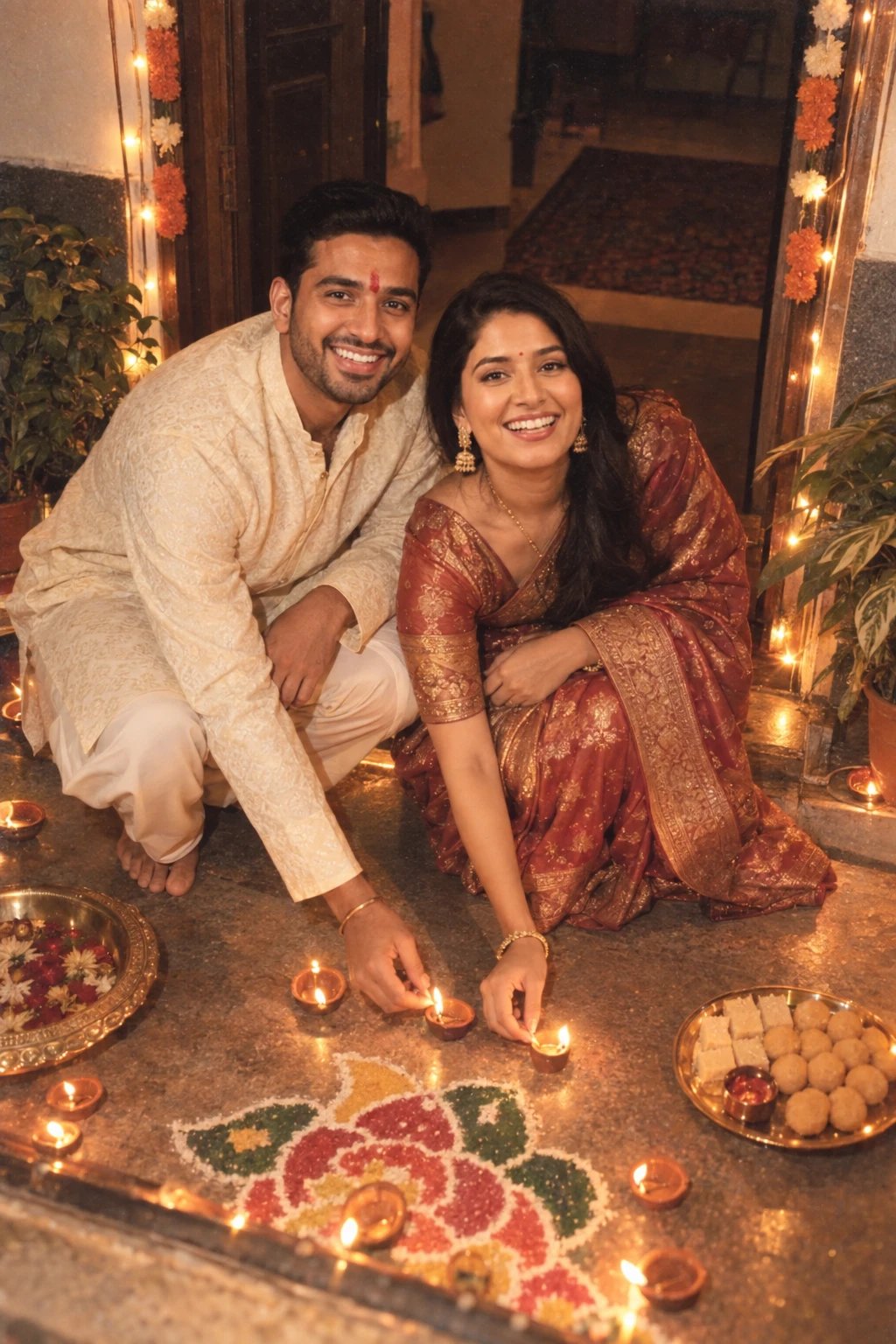 Couple lighting diyas at home during Diwali in the mid 1990s