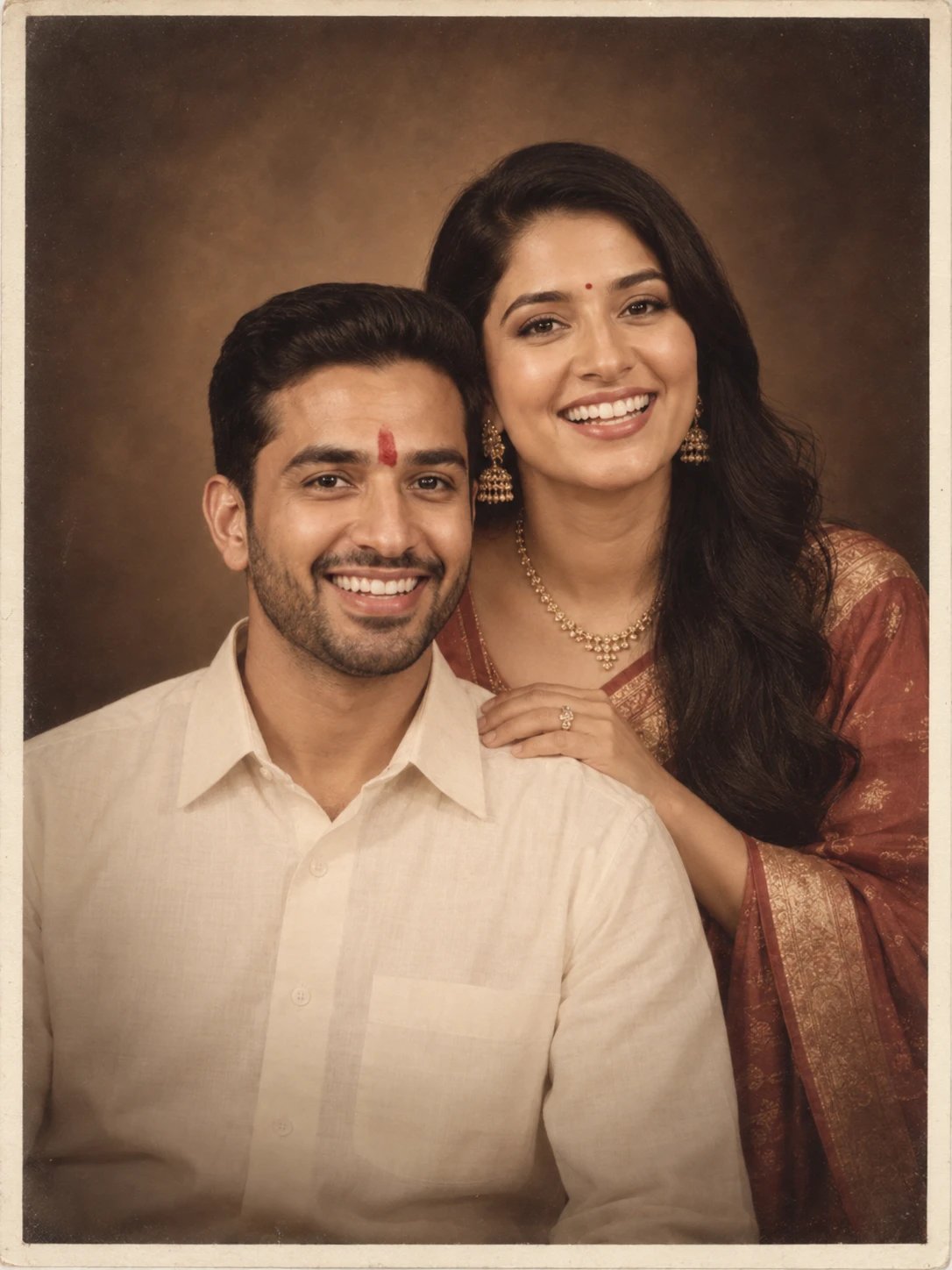 Sepia toned couple portrait styled like a framed anniversary photo