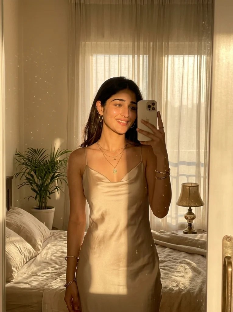 Aesthetic mirror prompt preview with golden hour bedroom light, silk slip dress, and soft sun shadows