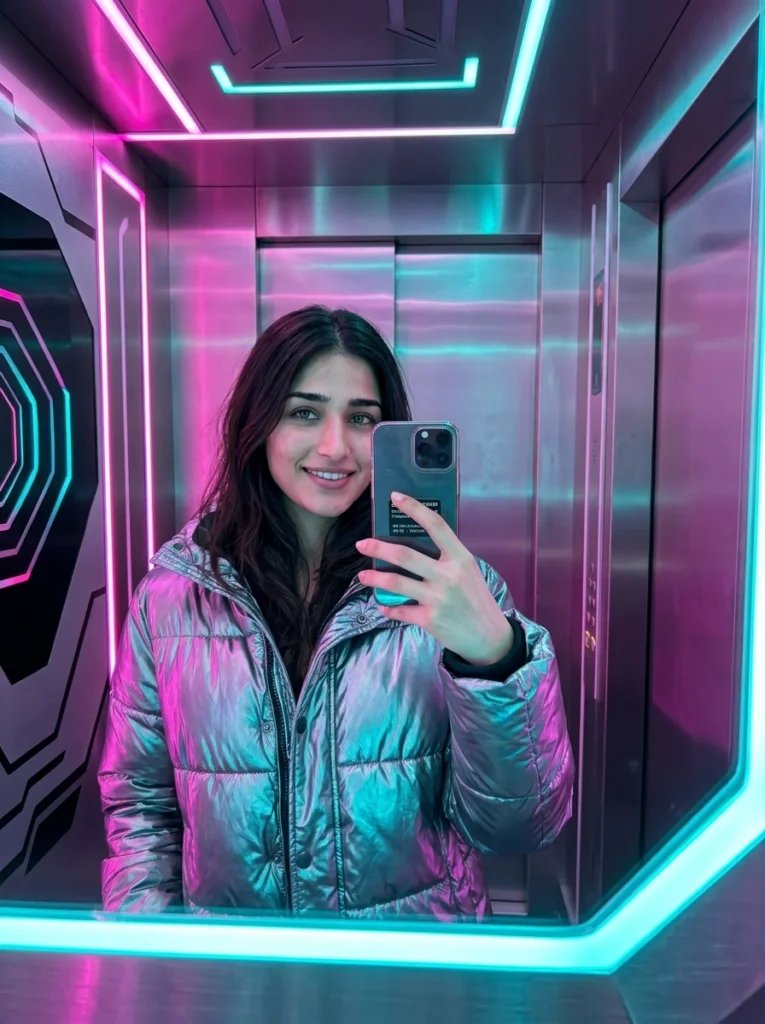 Aesthetic mirror prompt preview with futuristic room, LED strips, metallic surfaces, pink cyan neon, and reflective jacket
