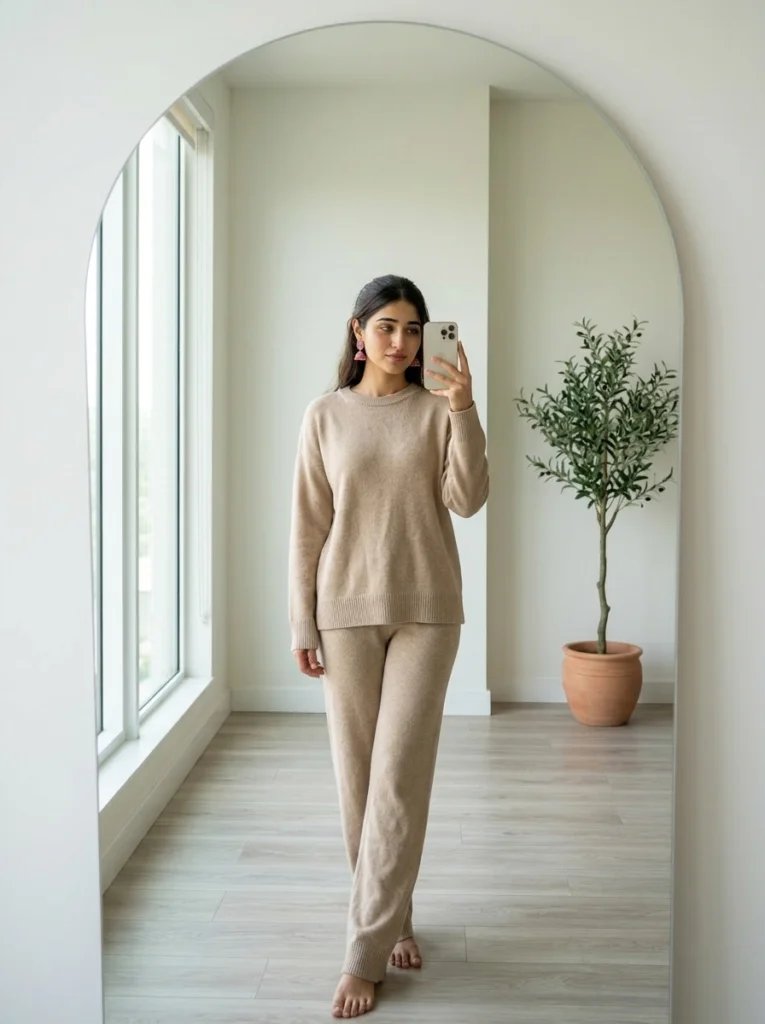 Aesthetic mirror prompt preview with minimalist white room, arched floor mirror, olive tree, and beige lounge set