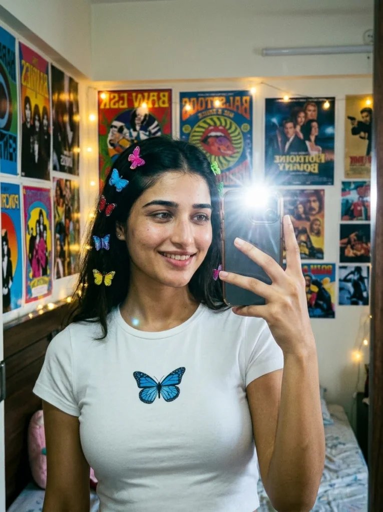Aesthetic mirror prompt preview with colorful bedroom, fairy lights, camera flash, baby tee, and butterfly clips