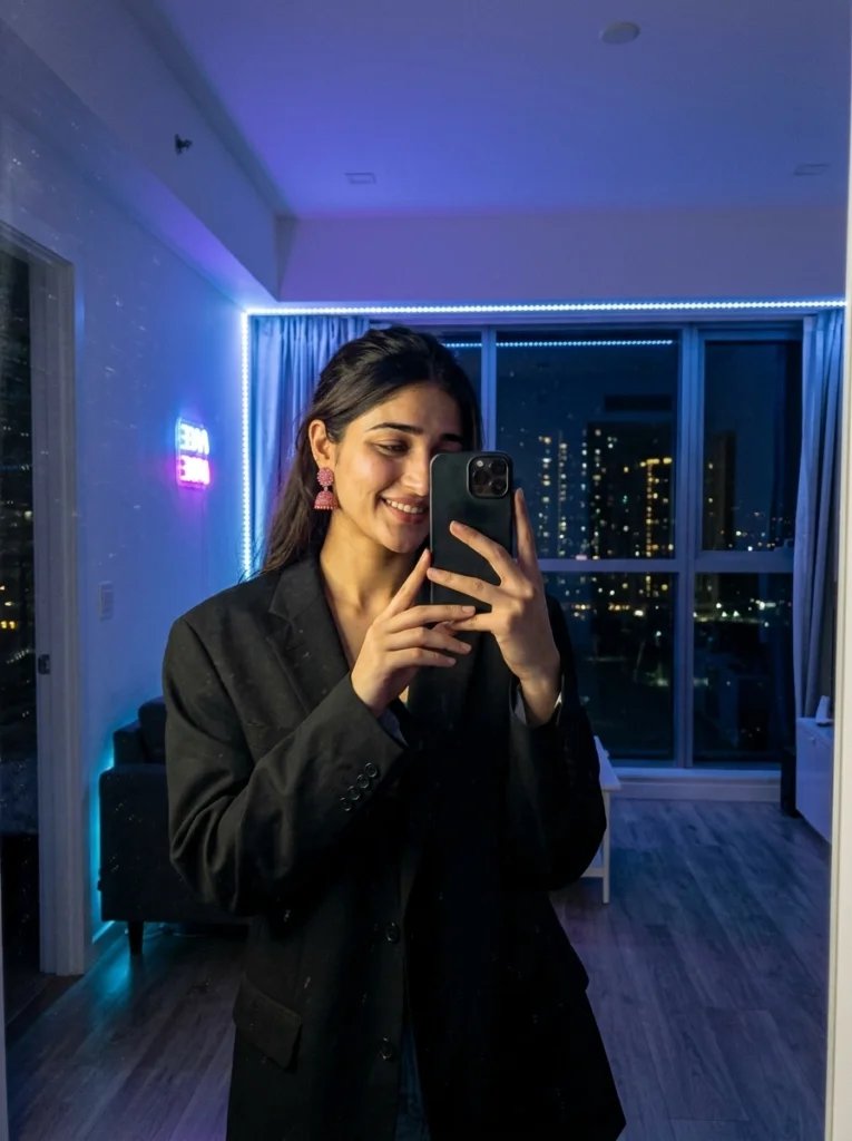 Aesthetic mirror prompt preview with midnight bedroom, city lights, blue purple ambient light, and black blazer