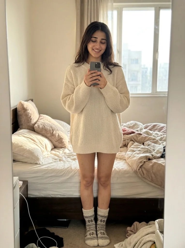 Aesthetic mirror prompt preview with cozy room, unmade bed, plush pillows, knit sweater, and soft morning light