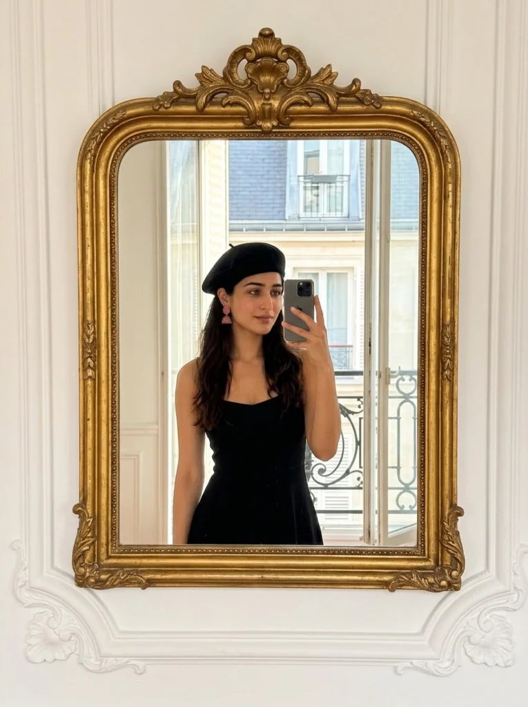 Aesthetic mirror prompt preview with European apartment, gold mirror, balcony light, black outfit, and classic styling