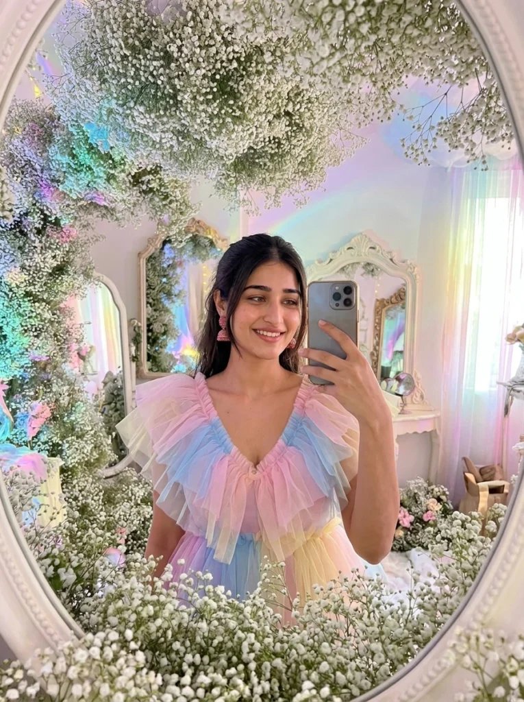 Aesthetic mirror prompt preview with soft pastel room, floral clouds, iridescent lighting, and ruffled tulle top