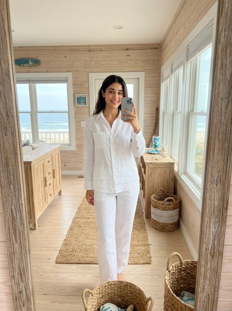 Aesthetic mirror prompt preview with seaside cottage, bright natural light, light wood accents, and white linen shirt