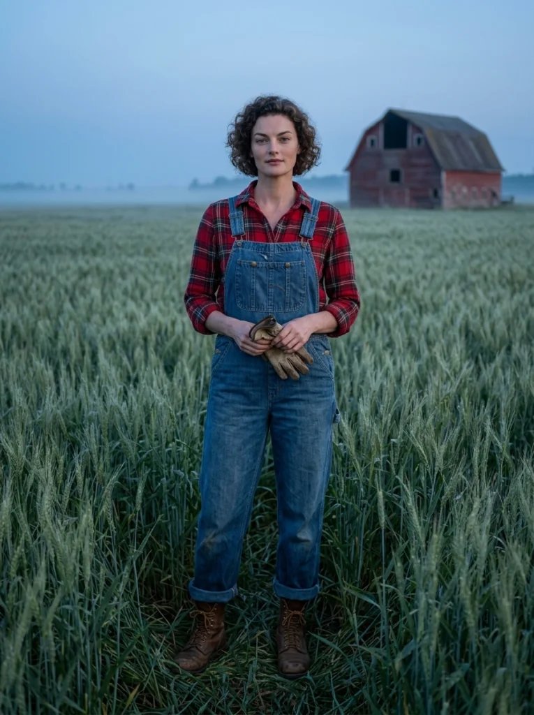 Old photo restoration AI prompt preview with wheat field at dawn, red barn, denim overalls, and soft blue morning light