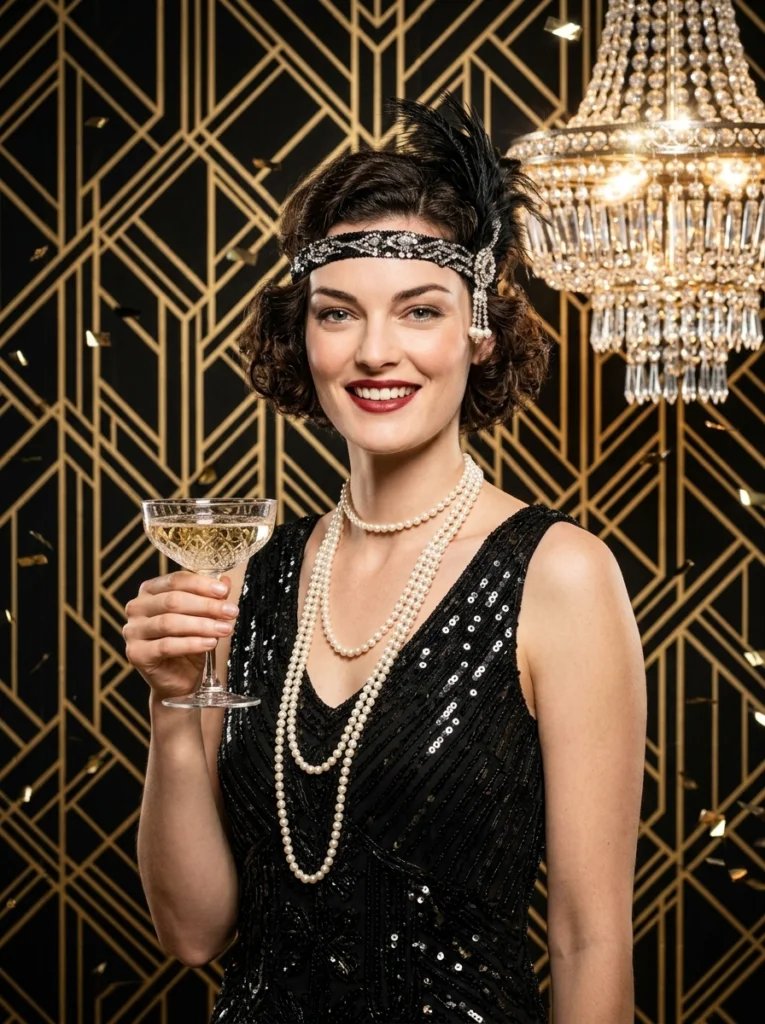 Old photo restoration AI prompt preview with 1920s Art Deco glamour, flapper dress, chandelier light, and gold wallpaper