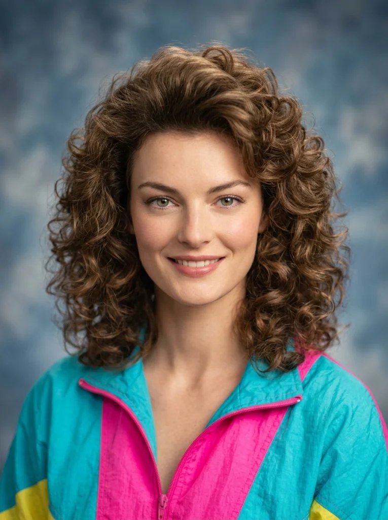 Old photo restoration AI prompt preview with 1980s soft focus studio, blue grey backdrop, perm hairstyle, and neon windbreaker