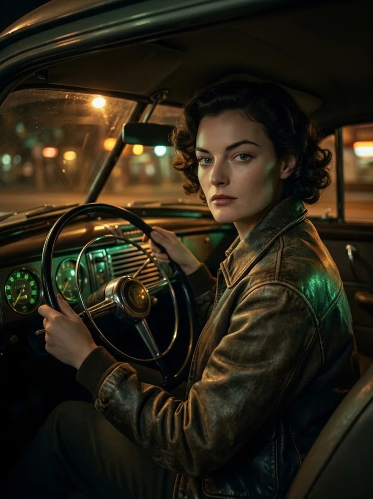 Old photo restoration AI prompt preview with vintage car at night, dashboard glow, streetlights, and leather bomber jacket