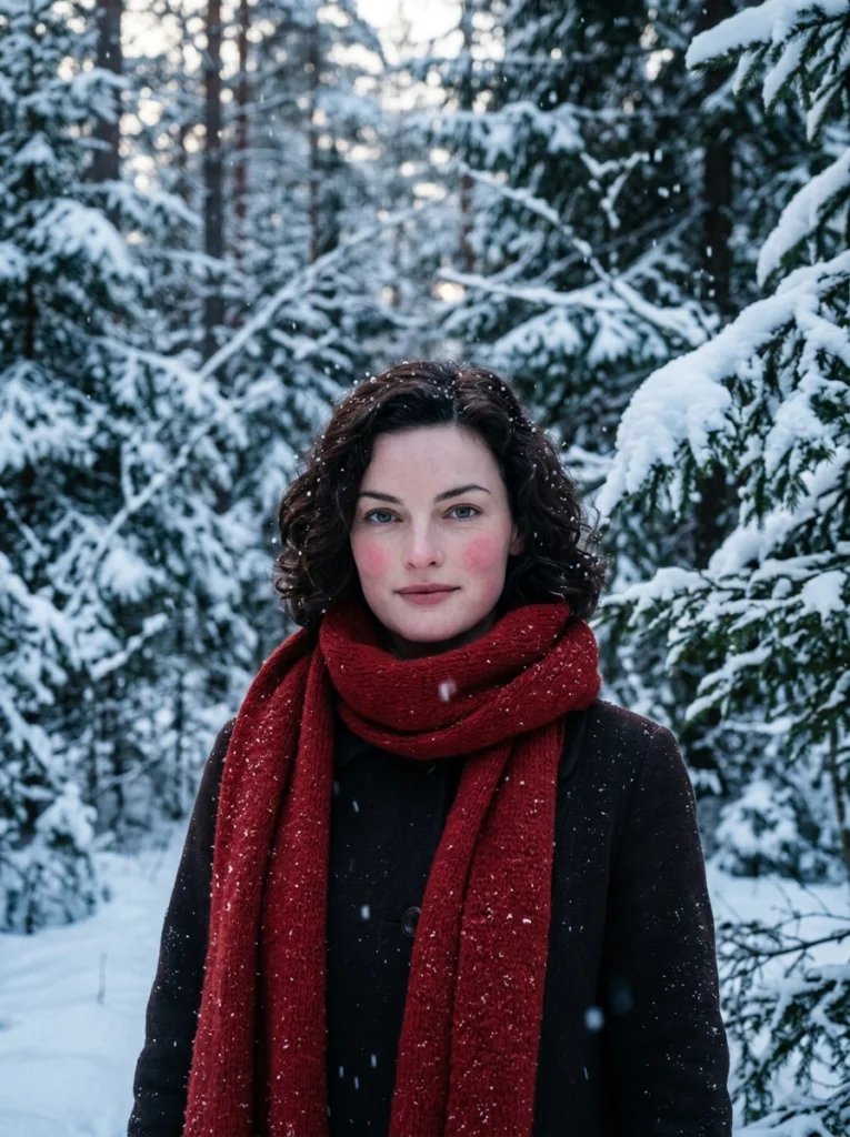 Old photo restoration AI prompt preview with snowy pine forest, red wool scarf, falling snow, and crisp winter light