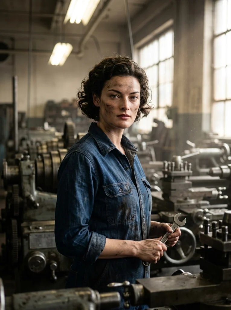 Old photo restoration AI prompt preview with 1940s machine shop, dusty factory light, denim work shirt, and gritty mood