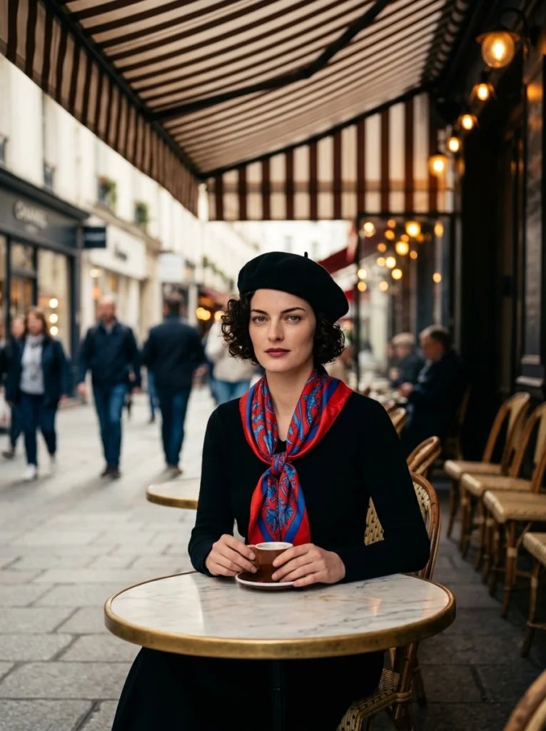 Old photo restoration AI prompt preview with sidewalk cafe, marble table, silk scarf, black beret, and soft afternoon light