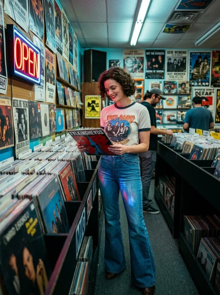 Old photo restoration AI prompt preview with 1970s record store, vinyl rows, bell-bottom jeans, and neon open sign