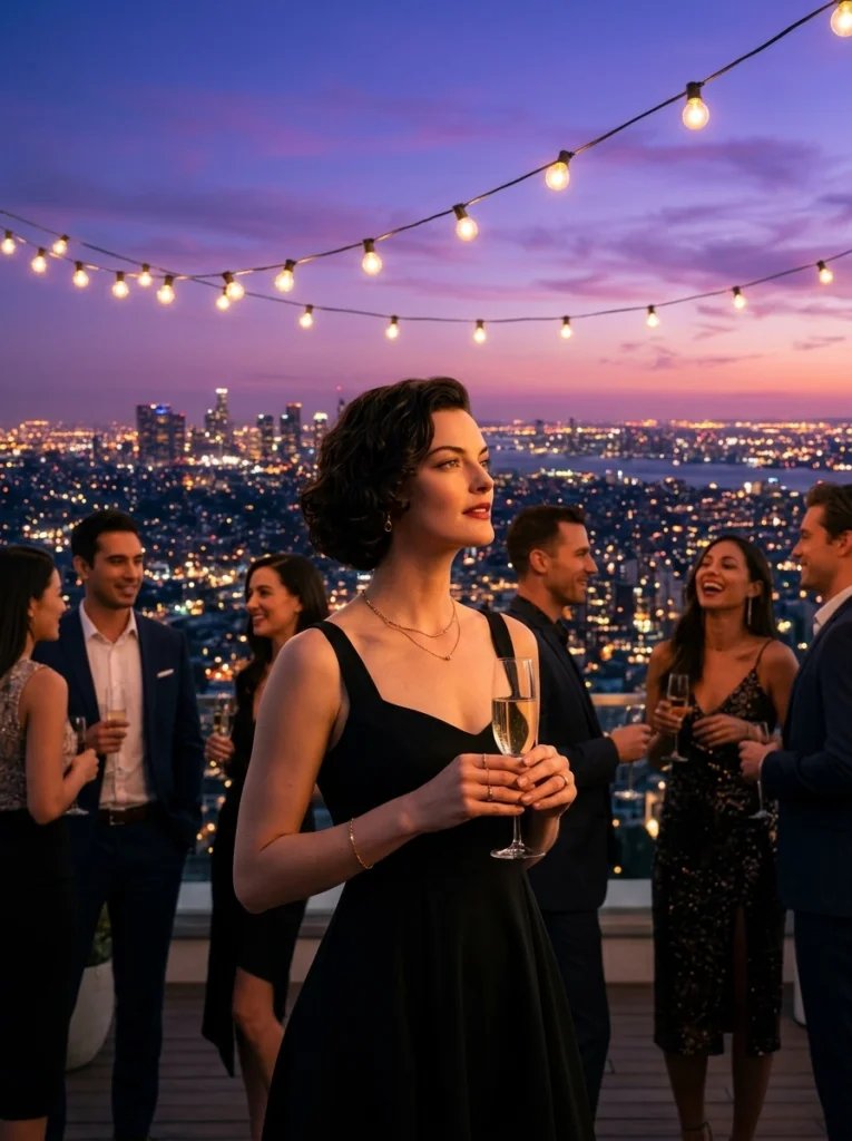 Old photo restoration AI prompt preview with rooftop party, city skyline, string lights, cocktail dress, and blue hour sky