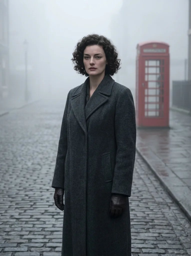 Old photo restoration AI prompt preview with foggy cobblestone street, vintage telephone booth, overcoat, and cinematic muted light