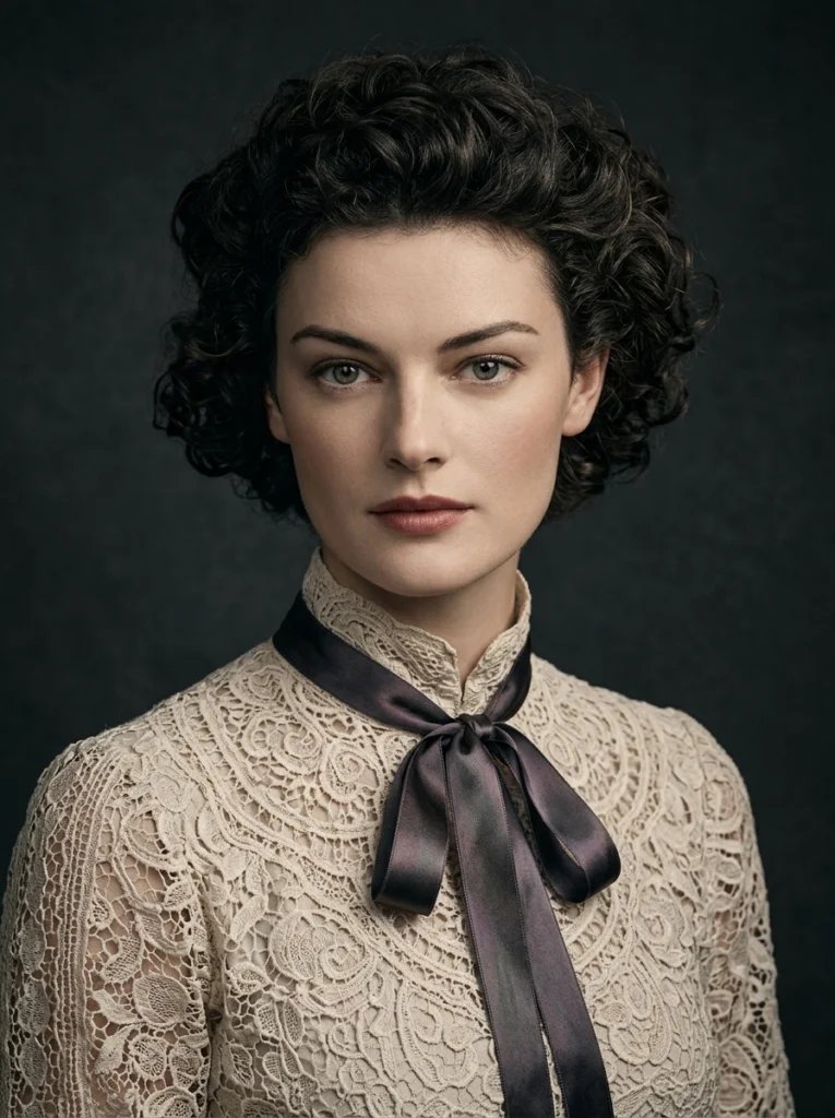Old photo restoration AI prompt preview with Victorian studio portrait, Rembrandt lighting, lace dress, and dark backdrop