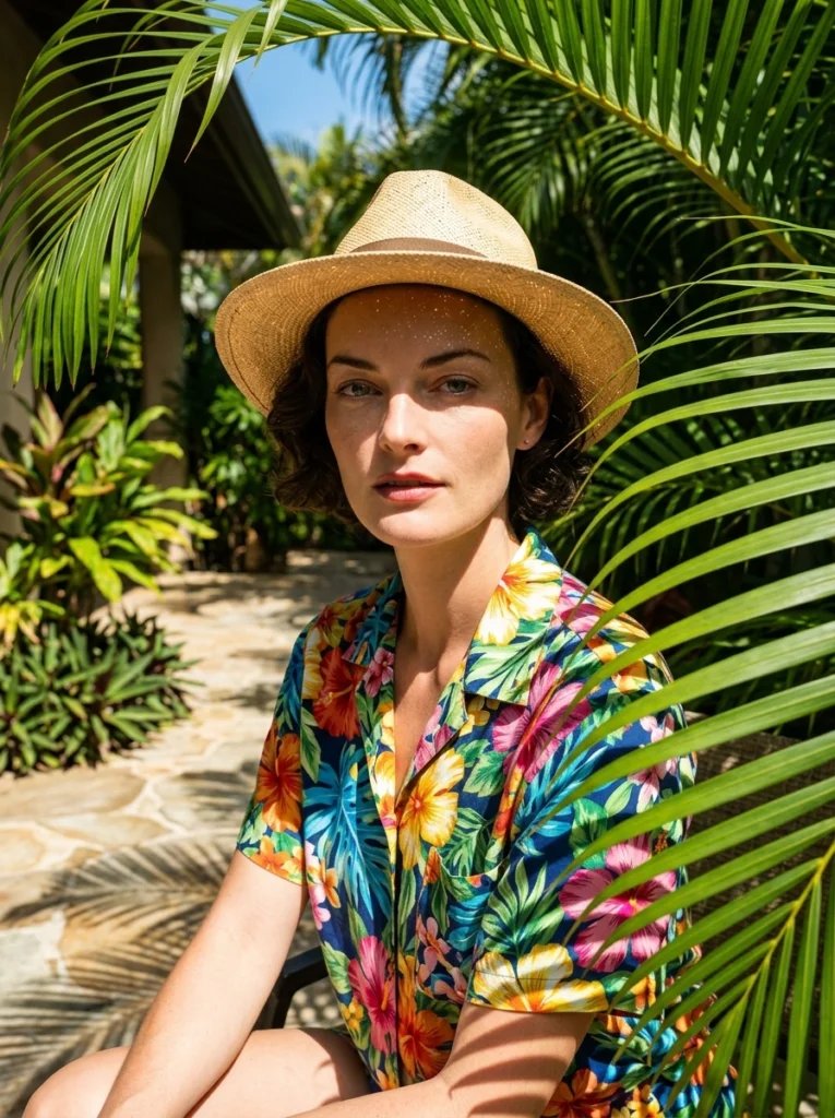 Old photo restoration AI prompt preview with 1950s tropical patio, palm fronds, Hawaiian shirt, and bright midday sun