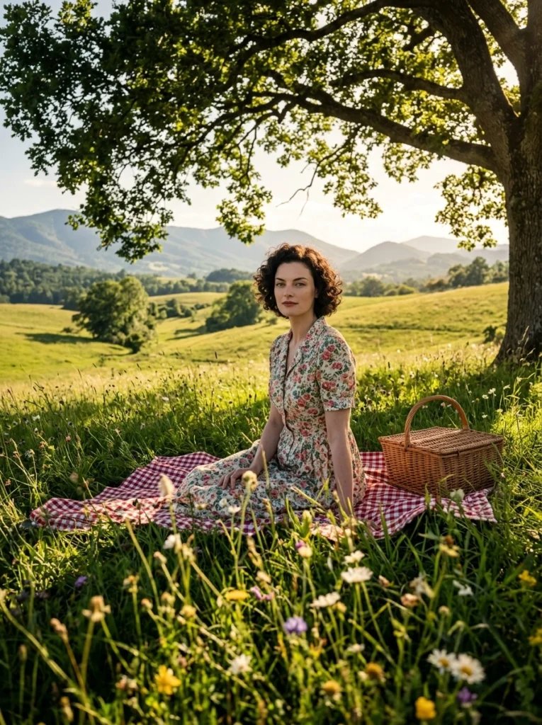 Old photo restoration AI prompt preview with English countryside picnic, wildflowers, checkered blanket, and soft dappled light