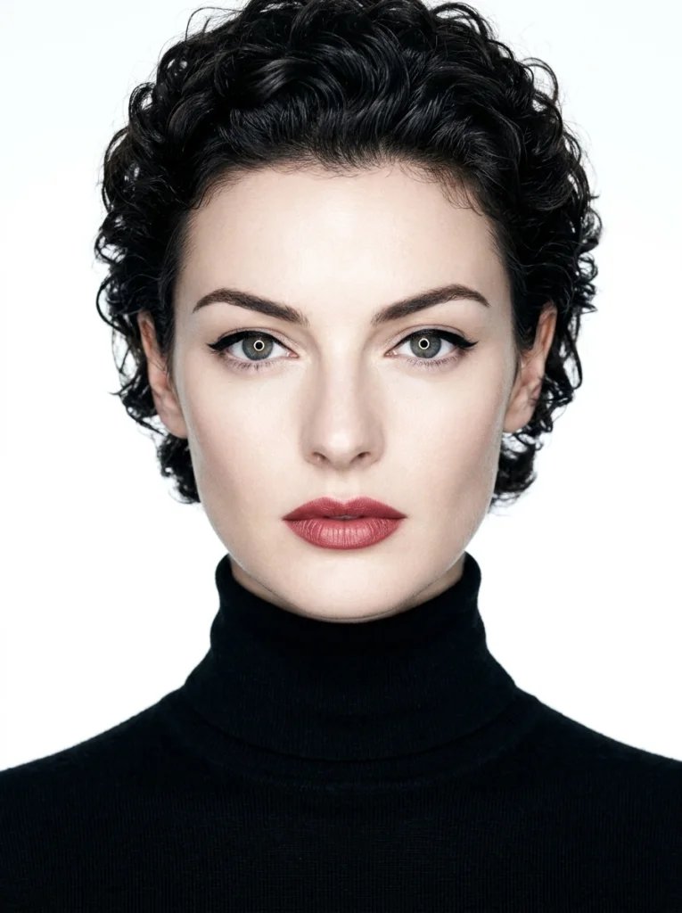 Old photo restoration AI prompt preview with 1990s fashion magazine look, white backdrop, ring flash, and black turtleneck