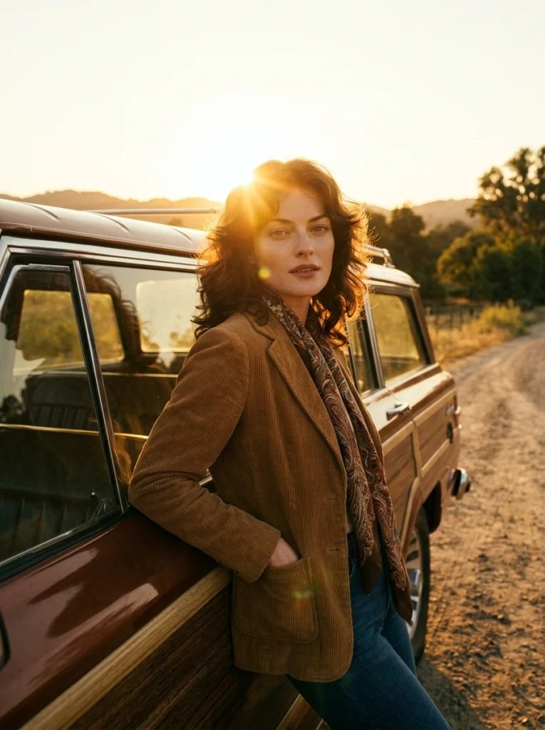 Old photo restoration AI prompt preview with 1970s golden hour, vintage station wagon, corduroy jacket, and warm lens flare