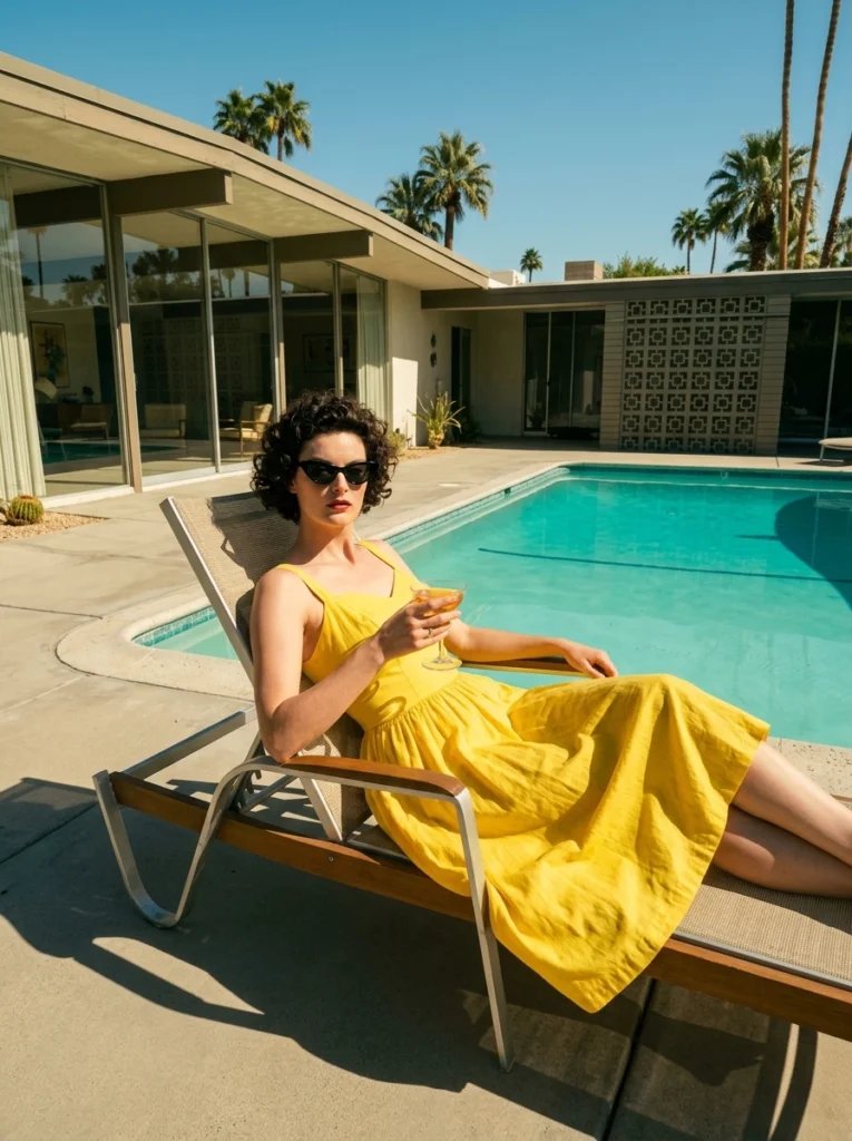 Old photo restoration AI prompt preview with Palm Springs backyard, turquoise pool, yellow sundress, and bright desert sun