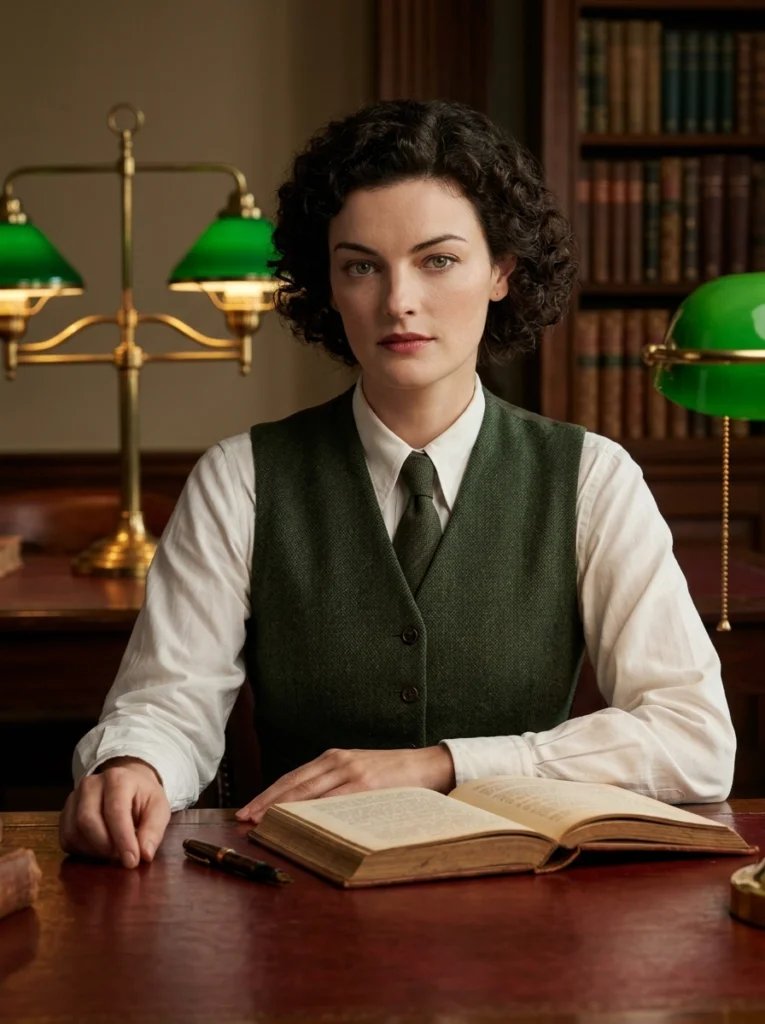 Old photo restoration AI prompt preview with 1920s library study, mahogany desk, banker lamp, and wool waistcoat