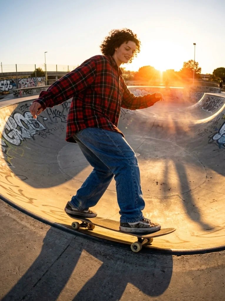 Old photo restoration AI prompt preview with 1990s skate park, fisheye lens feel, oversized flannel, baggy jeans, and sunset flare
