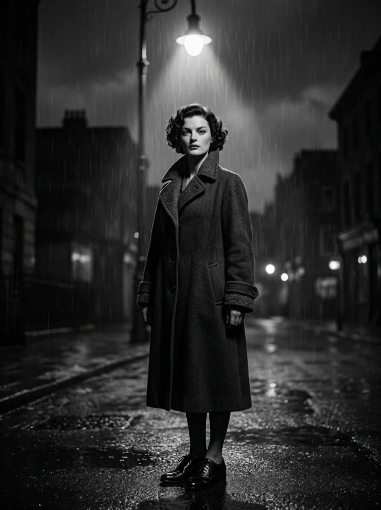 Old photo restoration AI prompt preview with black and white rainy street, trench coat, streetlamp, and film noir mood