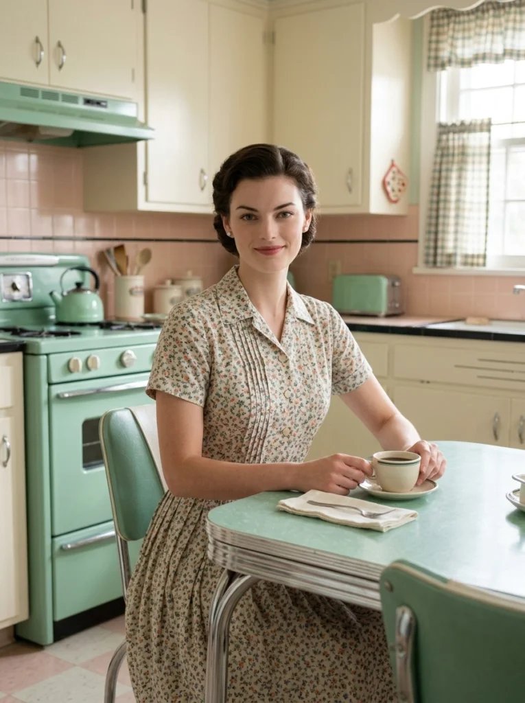 Old photo restoration AI prompt preview with 1950s kitchen, chrome dinette set, floral dress, and soft morning light